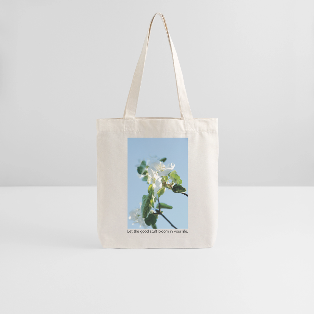 Cotton Tote Bag "Let the good stuff bloom in your life.“ – Eco-Friendly Artistic Carryall with Photo print “Apfelblüte/Apple Blossom“ - natural white