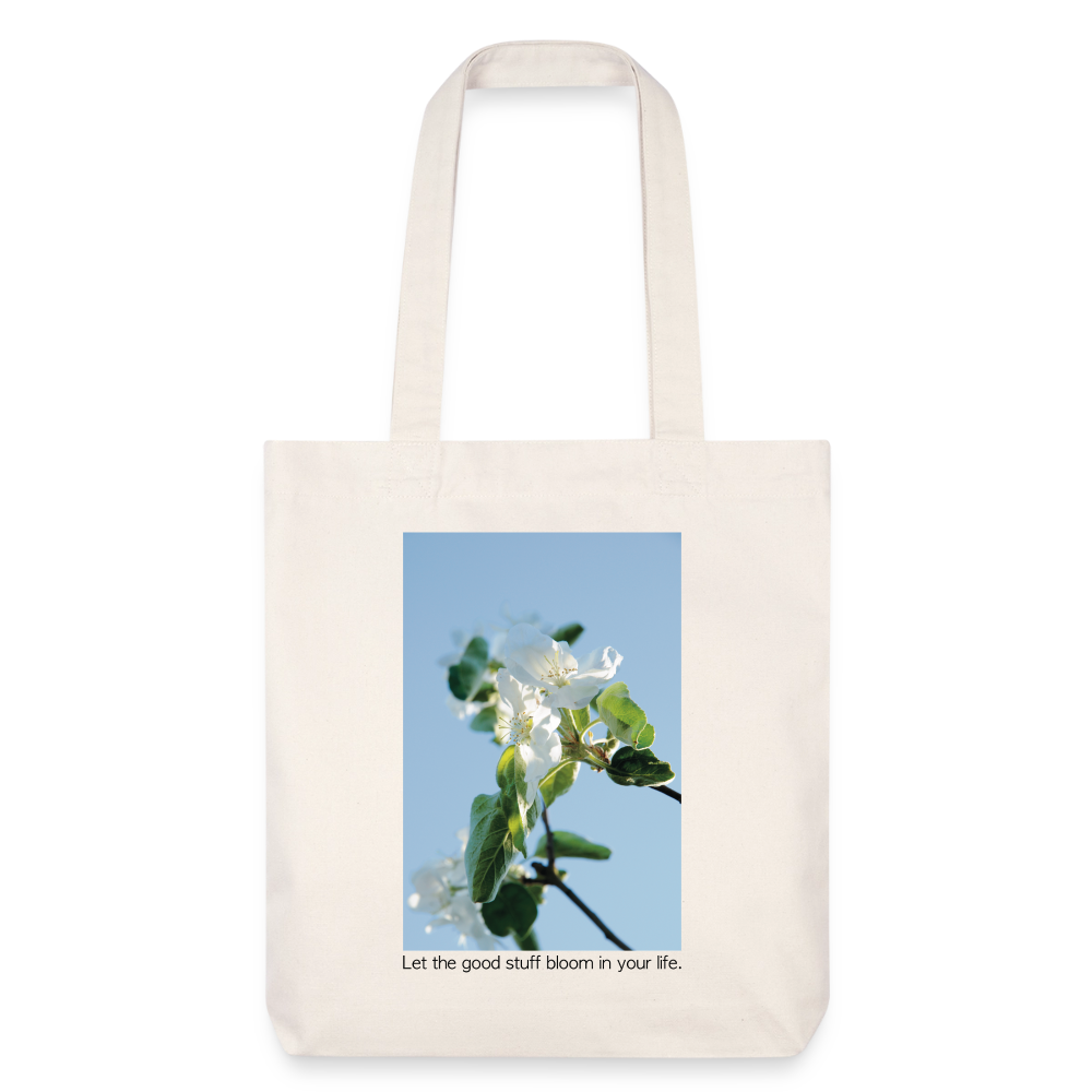 Cotton Tote Bag "Let the good stuff bloom in your life.“ - Eco-Friendly Artistic Carryall with Photo print “Apfelblüte/Apple Blossom“ by Sarah Buhl - natural white
