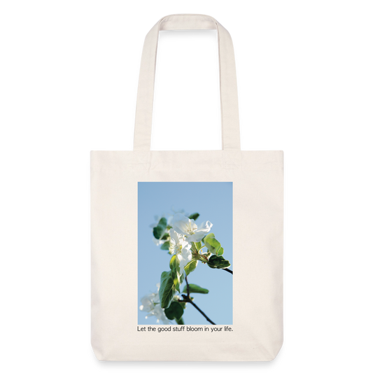 Cotton Tote Bag "Let the good stuff bloom in your life.“ – Eco-Friendly Artistic Carryall with Photo print “Apfelblüte/Apple Blossom“ by Sarah Buhl - natural white