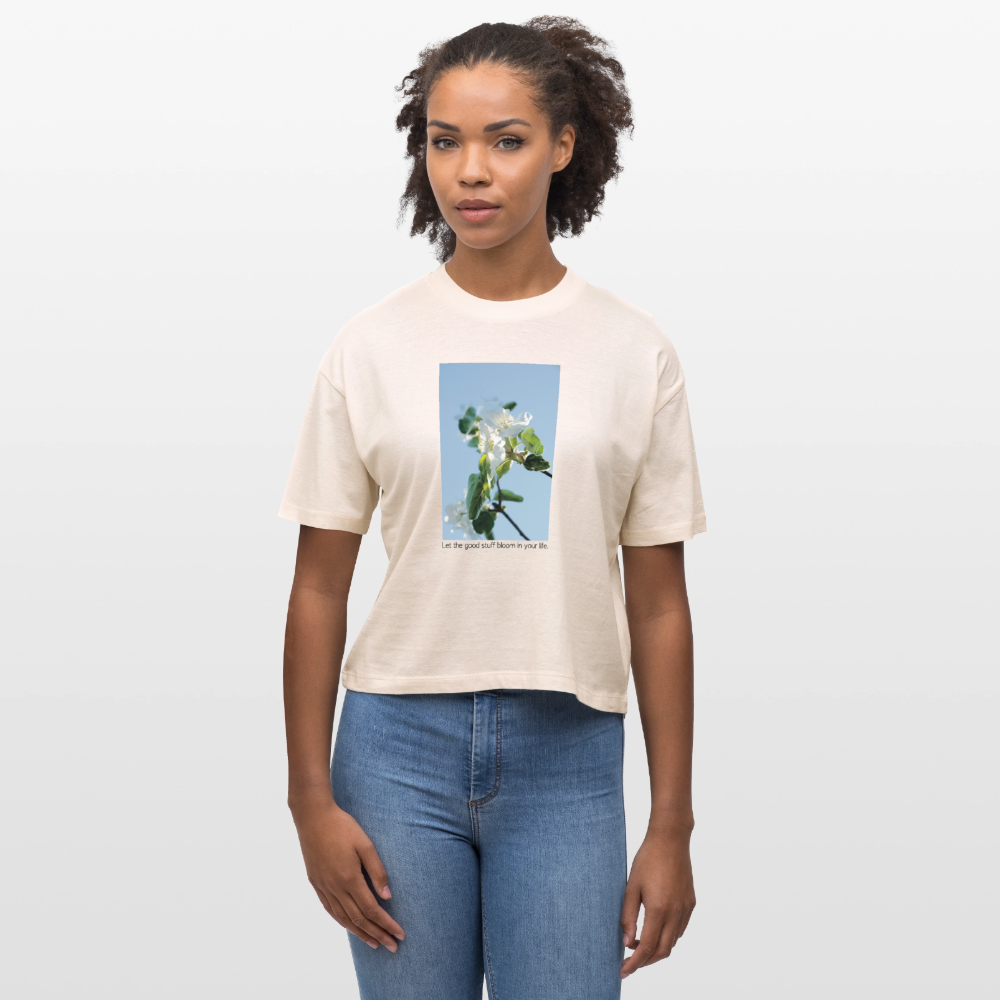 Women’s Boxy Organic T-Shirt "Let the Good Stuff Bloom in your Life" – with Photo Design by Sarah Buhl - soft Ecru