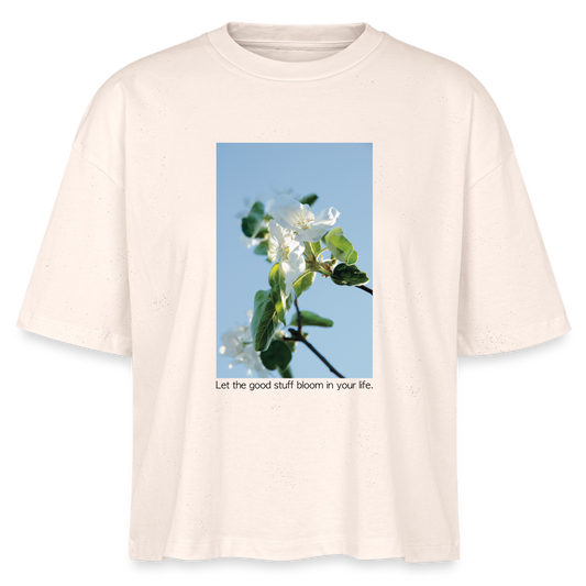 Women’s Boxy Organic T-Shirt "Let the Good Stuff Bloom in your Life" – with Photo Design by Sarah Buhl - soft Ecru