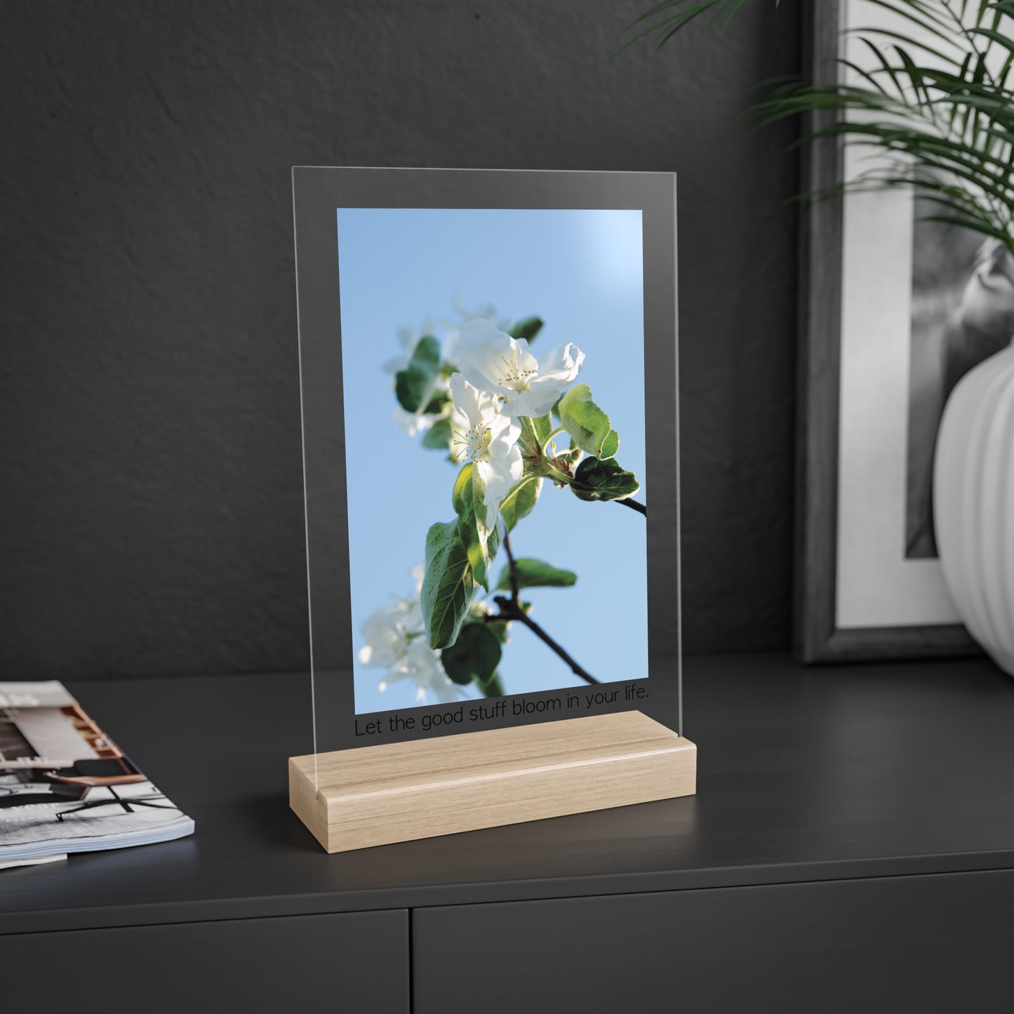 Acrylic Sign "Let the good stuff bloom in your life.“ - Elegant and inspiring art piece with Photograph „Apfelblüte/Apple Blossom“ by Sarah Buhl